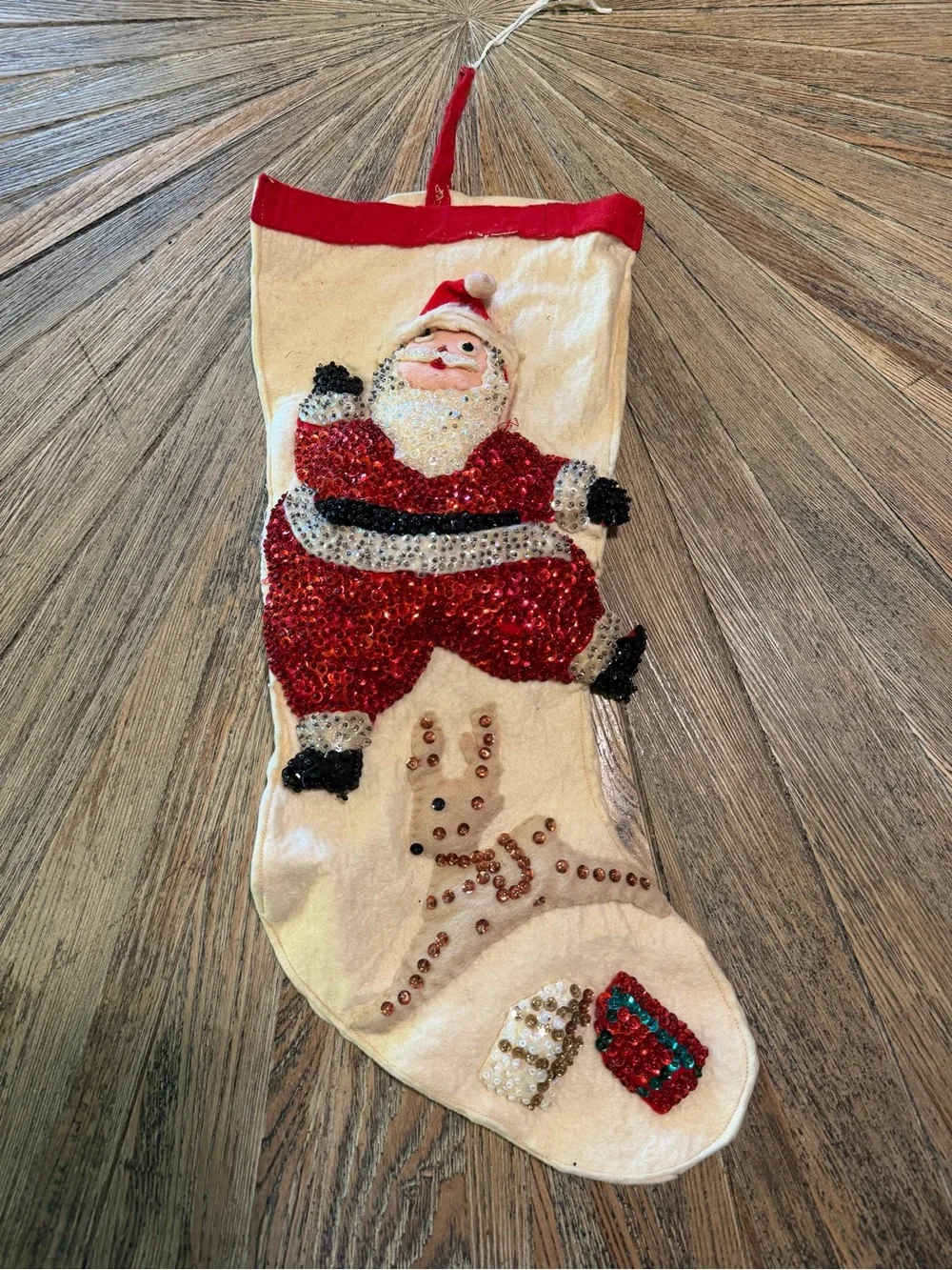 1950s Handmade Felt Sequin Santa Christmas Stocking 3D Padded Folk Art MCM